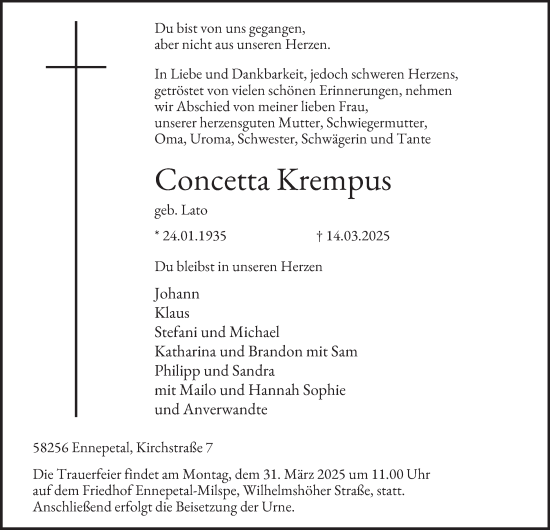 Traueranzeige von Concetta Krempus von Tageszeitung