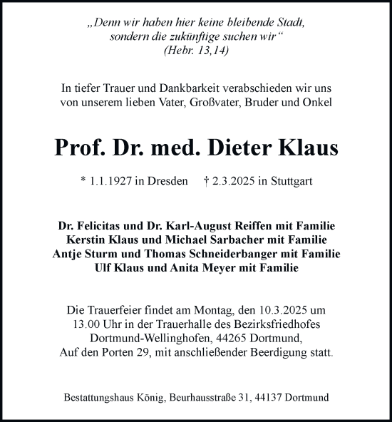 Traueranzeige von Dieter Klaus von Tageszeitung