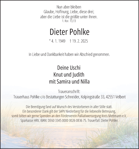 Traueranzeige von Dieter Pohlke von Tageszeitung