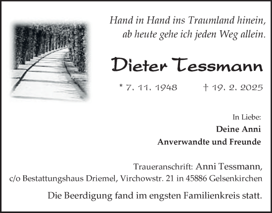 Traueranzeige von Dieter Tessmann von Tageszeitung
