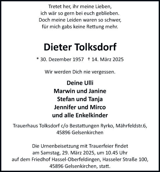 Traueranzeige von Dieter Tolksdorf von Tageszeitung
