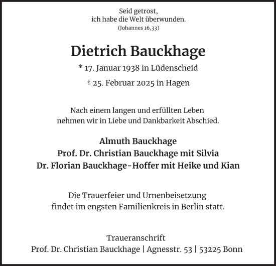 Traueranzeige von Dietrich Bauckhage von Tageszeitung