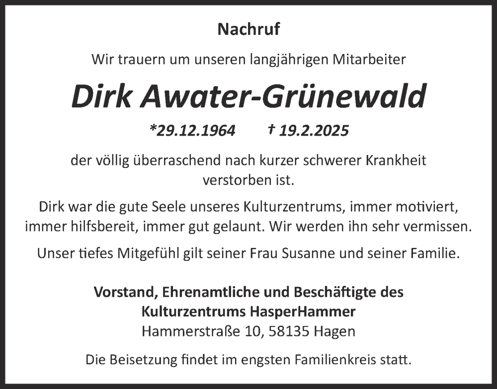  Traueranzeige für Dirk Awater-Grünewald vom 01.03.2025 aus Tageszeitung