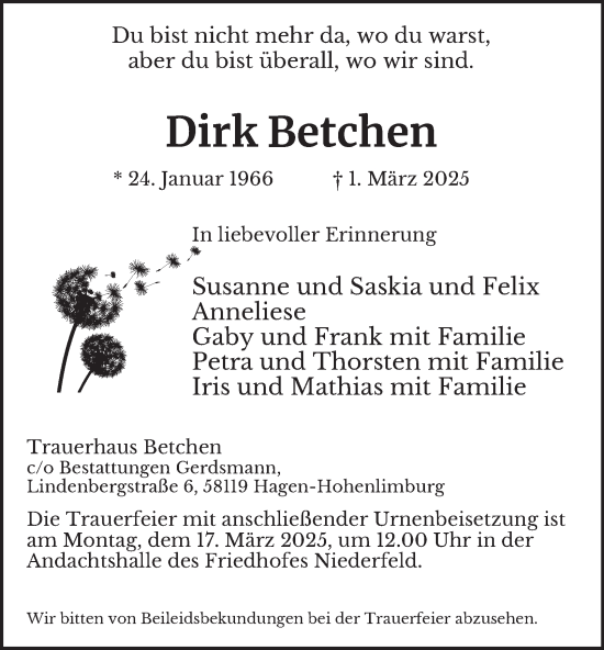 Traueranzeige von Dirk Betchen von Tageszeitung