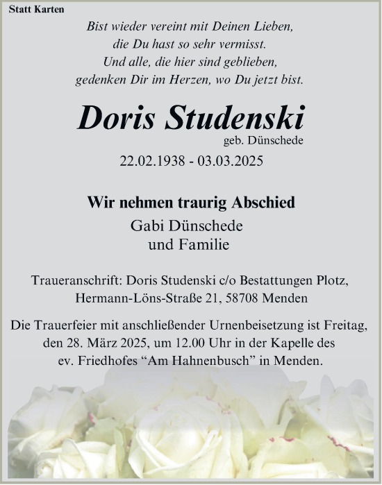 Traueranzeige von Doris Studenski von Tageszeitung