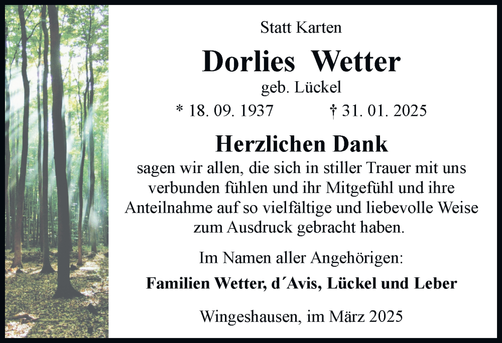  Traueranzeige für Dorlies Wetter vom 22.03.2025 aus Tageszeitung
