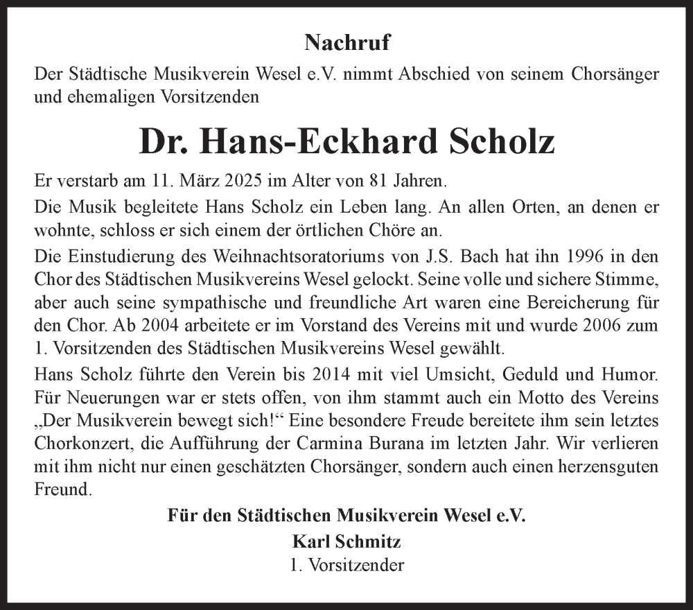  Traueranzeige für Dr. Hans-Eckhard Scholz vom 26.03.2025 aus Tageszeitung