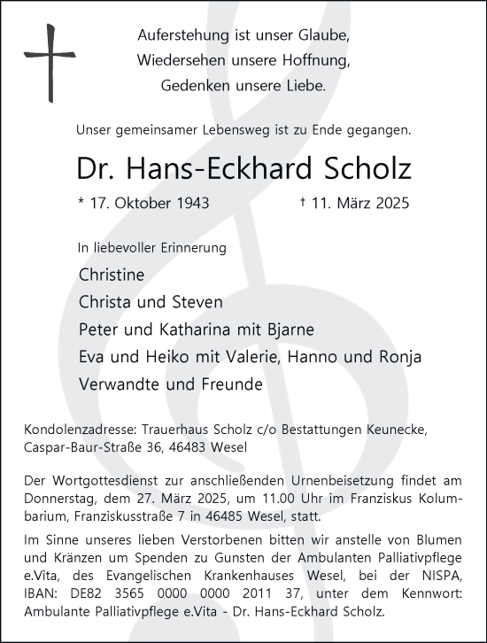 Traueranzeige von Dr. Hans-Eckhard Scholz von Tageszeitung