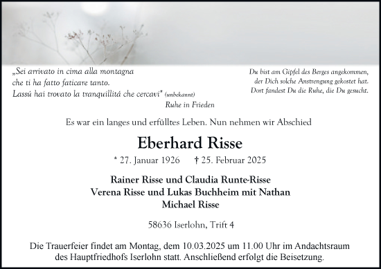 Traueranzeige von Eberhard Risse von Tageszeitung