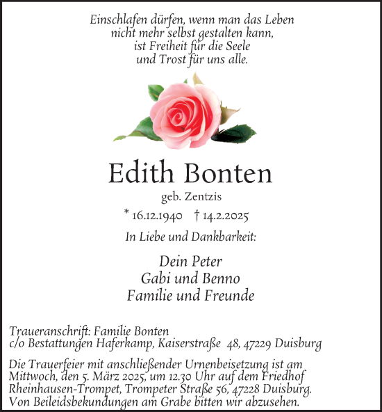 Traueranzeige von Edith Bonten von Tageszeitung