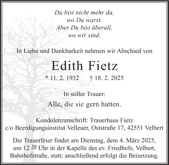 Traueranzeige von Edith Fietz von Tageszeitung