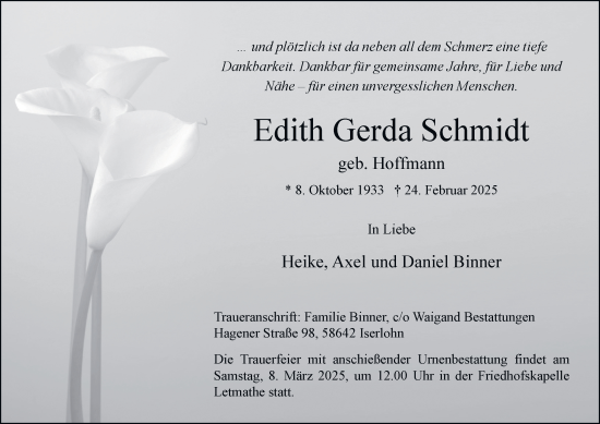 Traueranzeige von Edith Gerda Schmidt von Tageszeitung