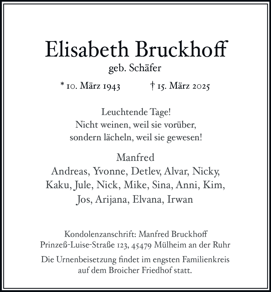  Traueranzeige für Elisabeth Bruckhoff vom 29.03.2025 aus Tageszeitung