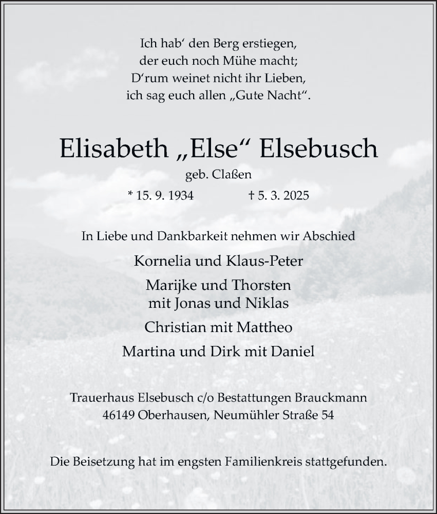  Traueranzeige für Elisabeth  Elsebusch vom 15.03.2025 aus Tageszeitung