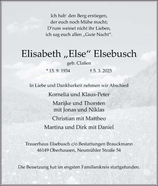 Traueranzeige von Elisabeth  Elsebusch von Tageszeitung