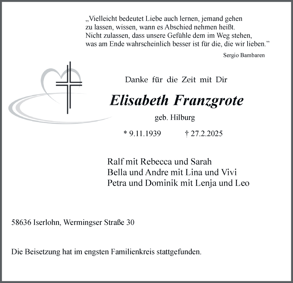  Traueranzeige für Elisabeth Franzgrote vom 08.03.2025 aus Tageszeitung