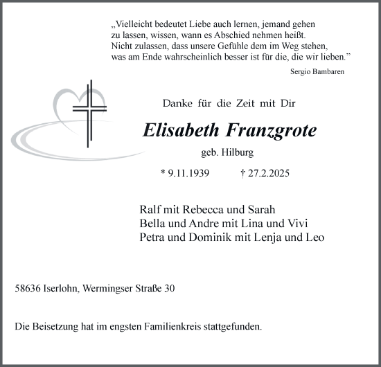Traueranzeige von Elisabeth Franzgrote von Tageszeitung