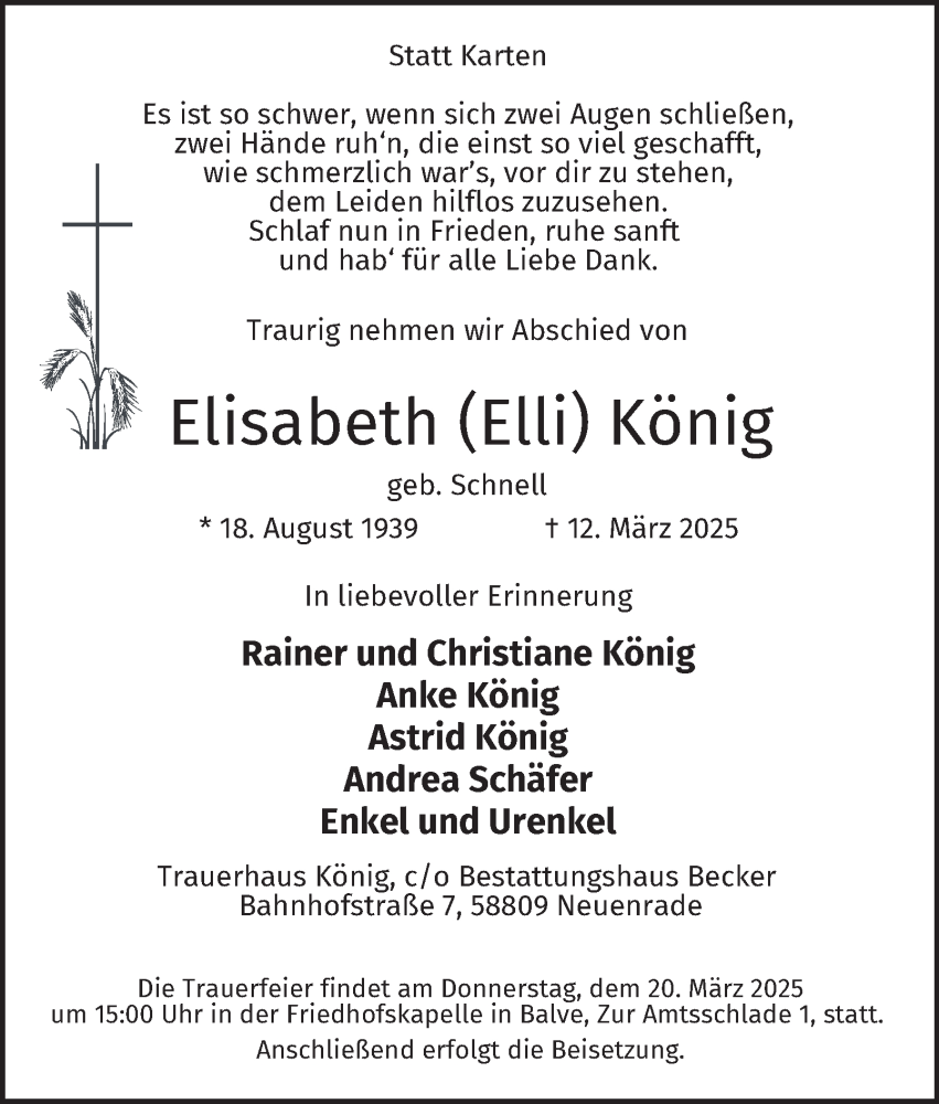  Traueranzeige für Elisabeth  König vom 15.03.2025 aus Tageszeitung