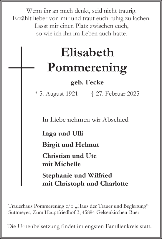 Traueranzeige von Elisabeth Pommerening von Tageszeitung