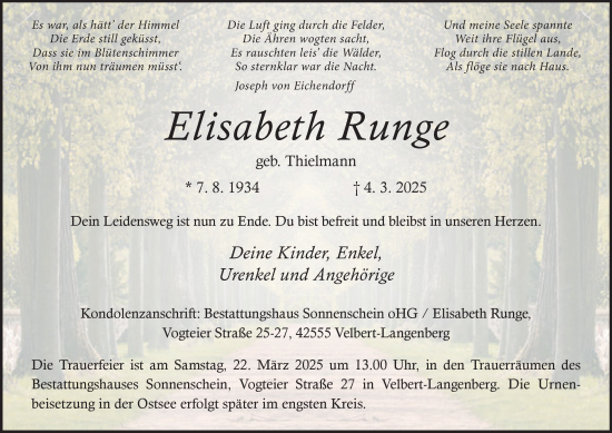 Traueranzeige von Elisabeth Runge von Tageszeitung