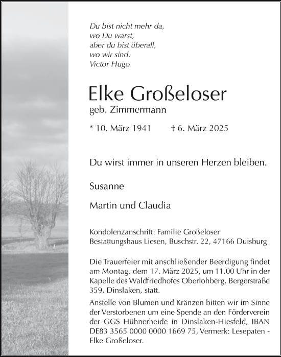 Traueranzeige von Elke Großeloser von Tageszeitung