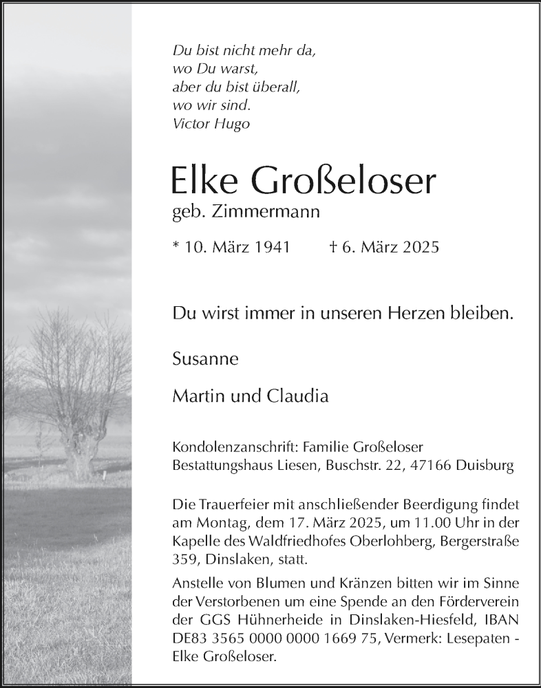  Traueranzeige für Elke Großeloser vom 15.03.2025 aus Tageszeitung