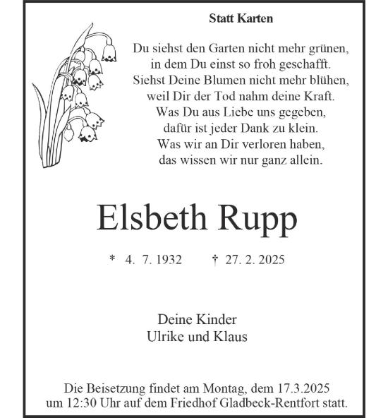 Traueranzeige von Elsbeth Rupp von Tageszeitung