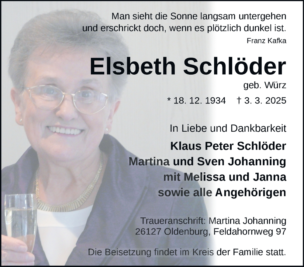  Traueranzeige für Elsbeth Schlöder vom 15.03.2025 aus Tageszeitung