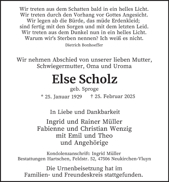 Traueranzeige von Else Scholz von Tageszeitung