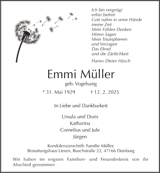 Traueranzeige von Emmi Müller von Tageszeitung
