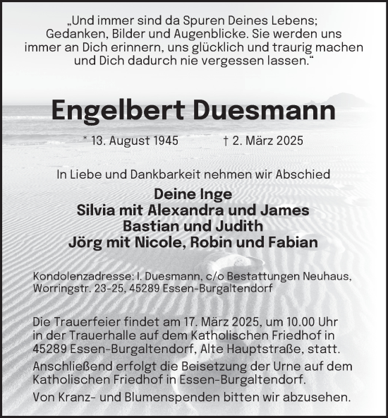 Traueranzeige von Engelbert Duesmann von Tageszeitung