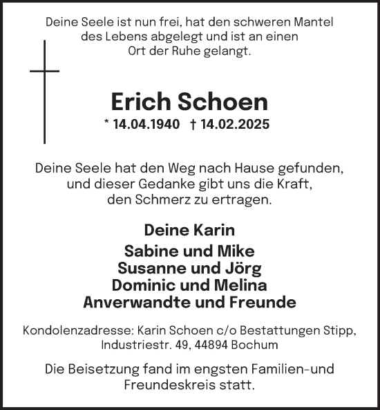 Traueranzeige von Erich Schoen von Tageszeitung