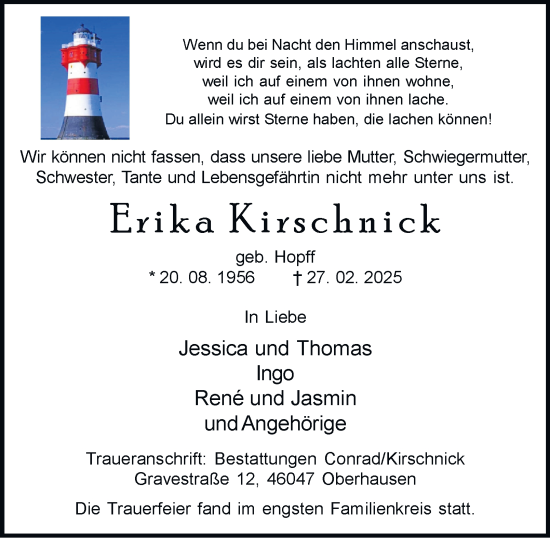 Traueranzeige von Erika Kirschnick von Tageszeitung