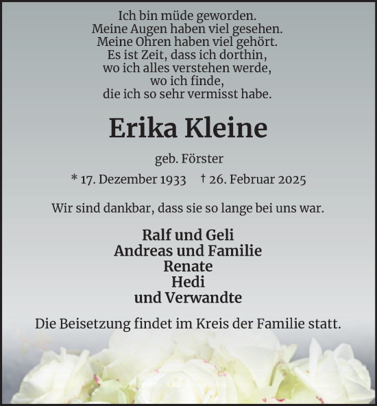Traueranzeige von Erika Kleine von Tageszeitung