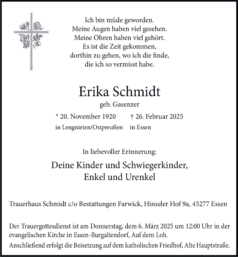  Traueranzeige für Erika Schmidt vom 05.03.2025 aus Tageszeitung