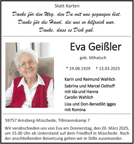 Traueranzeige von Eva Geißler von Tageszeitung