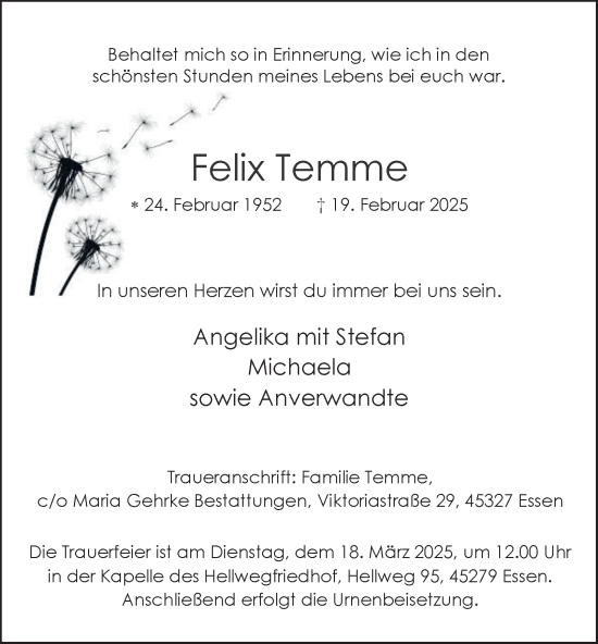 Traueranzeige von Felix Temme von Tageszeitung