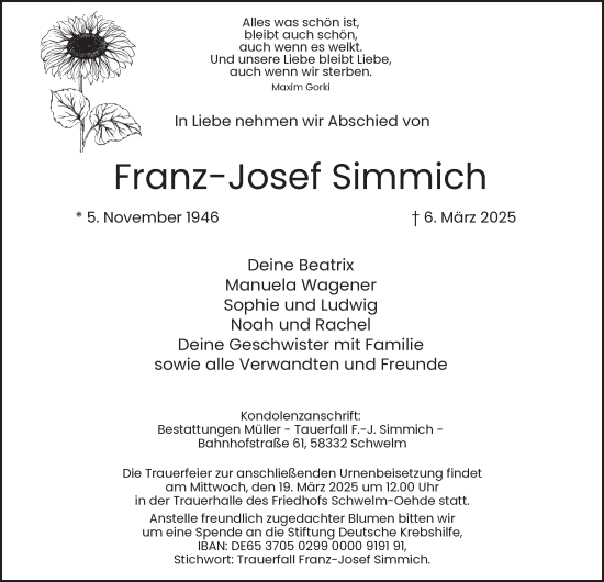 Traueranzeige von Franz-Josef Simmich von Tageszeitung