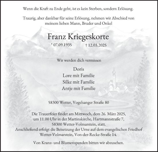 Traueranzeige von Franz Kriegeskorte von Tageszeitung
