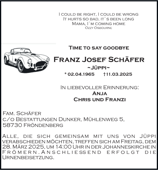 Traueranzeige von Franz Josef Schäfer von Tageszeitung