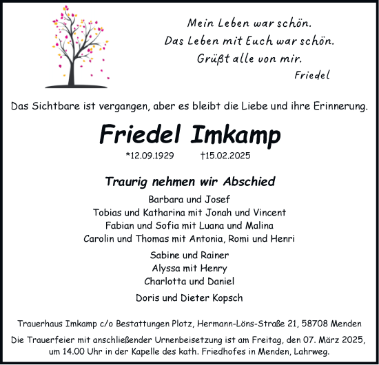 Traueranzeige von Friedel Imkamp von Tageszeitung