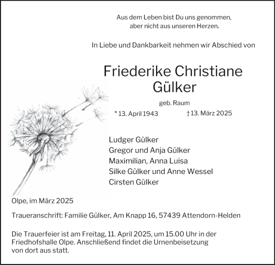 Traueranzeige von Friederike Christiane Gülker von Tageszeitung