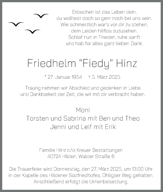 Traueranzeige von Friedhelm Hinz von Tageszeitung