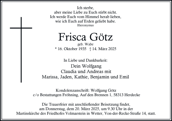 Traueranzeige von Frisca Götz von Tageszeitung