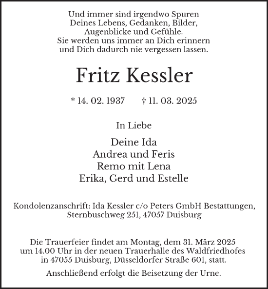 Traueranzeige von Fritz Kessler von Tageszeitung