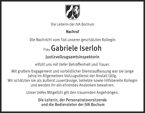 Traueranzeige von Gabriele Iserloh von Tageszeitung