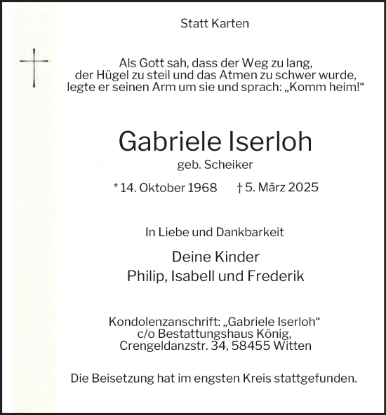 Traueranzeige von Gabriele Iserloh von Tageszeitung