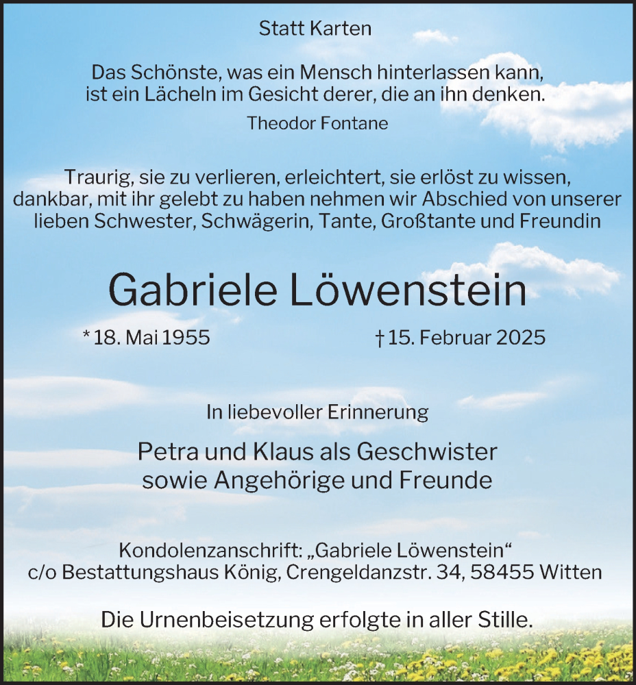  Traueranzeige für Gabriele Löwenstein vom 08.03.2025 aus Tageszeitung