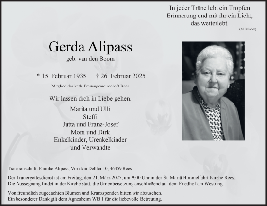 Traueranzeige von Gerda Alipass von Tageszeitung