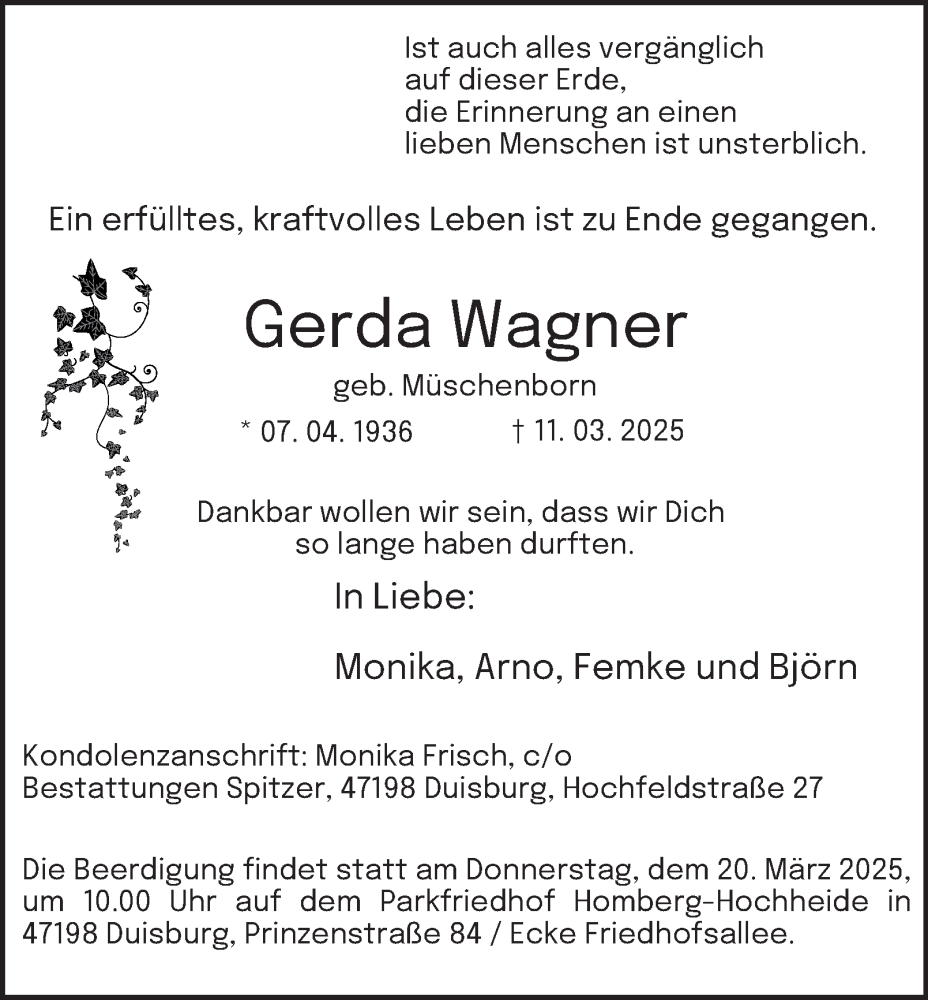  Traueranzeige für Gerda Wagner vom 15.03.2025 aus Tageszeitung